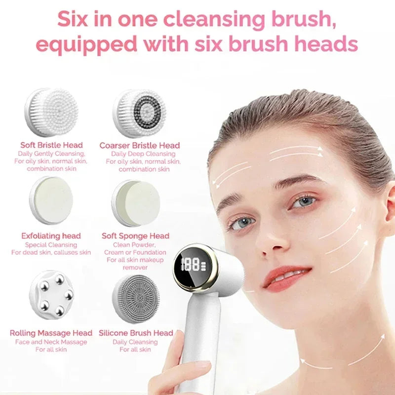 6 In 1 Electric Cleansing Brush Ultrasonic Facial Cleaner Rotating
